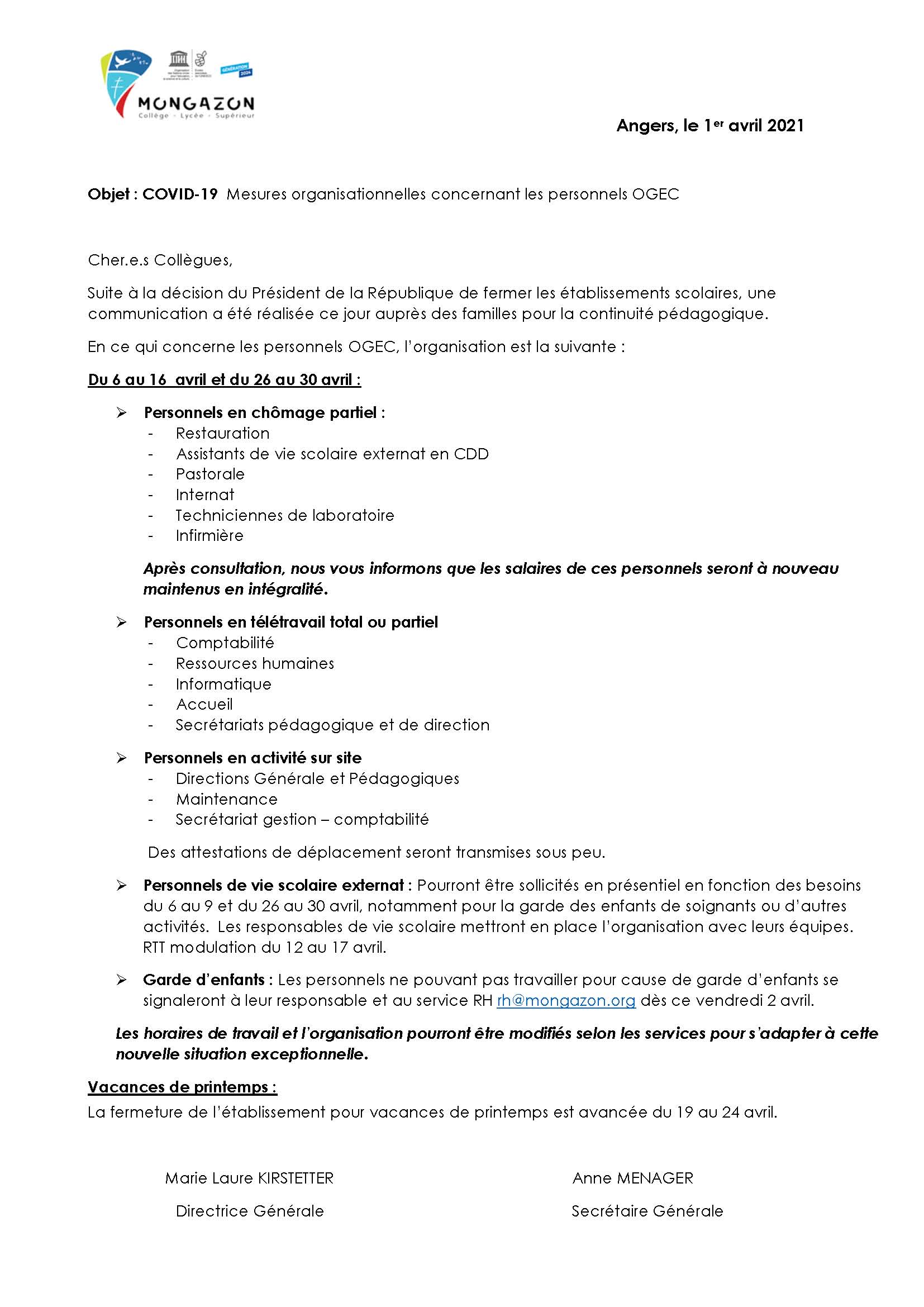 Informations personnel OGEC avril 2021
